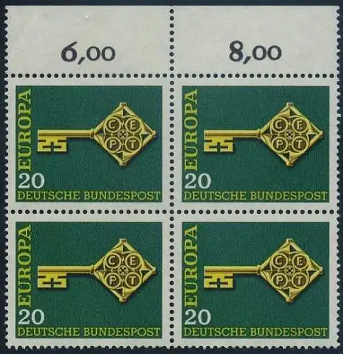 BUND 1968 Michel-Nummer 0559 postfrisch BLOCK RÄNDER oben