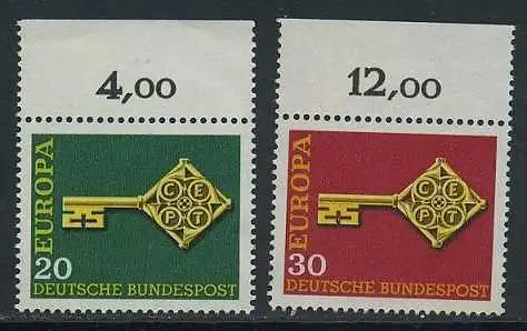 BUND 1968 Michel-Nummer 0559-0560 postfrisch SATZ(2) EINZELMARKEN RÄNDER oben (a)