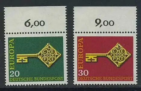 BUND 1968 Michel-Nummer 0559-0560 postfrisch SATZ(2) EINZELMARKEN RÄNDER oben (b)