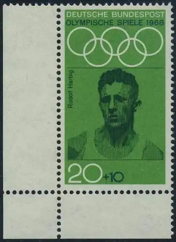 BUND 1968 Michel-Nummer 0562 postfrisch EINZELMARKE ECKRAND unten links