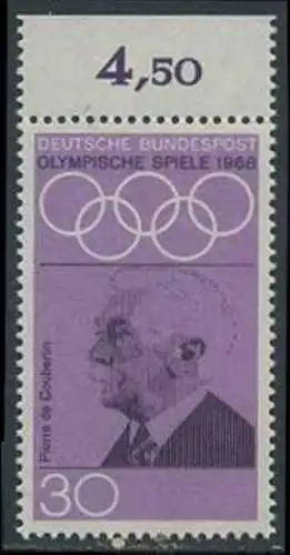 BUND 1968 Michel-Nummer 0563 postfrisch EINZELMARKE RAND oben (a)