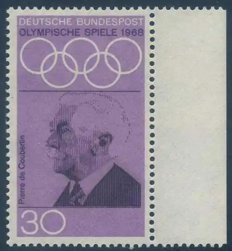 BUND 1968 Michel-Nummer 0563 postfrisch EINZELMARKE RAND rechts