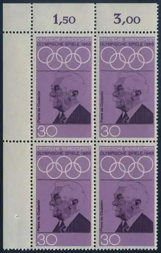 BUND 1968 Michel-Nummer 0563 postfrisch BLOCK ECKRAND oben links