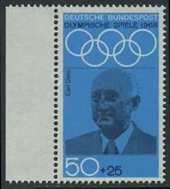 BUND 1968 Michel-Nummer 0565 postfrisch EINZELMARKE RAND links