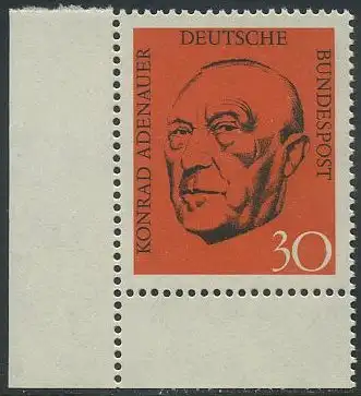 BUND 1968 Michel-Nummer 0567 postfrisch EINZELMARKE ECKRAND unten links