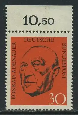 BUND 1968 Michel-Nummer 0567 postfrisch EINZELMARKE RAND oben (c)