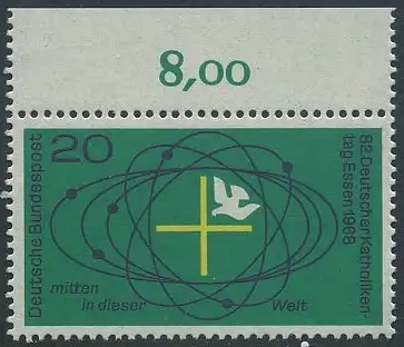 BUND 1968 Michel-Nummer 0568 postfrisch EINZELMARKE RAND oben