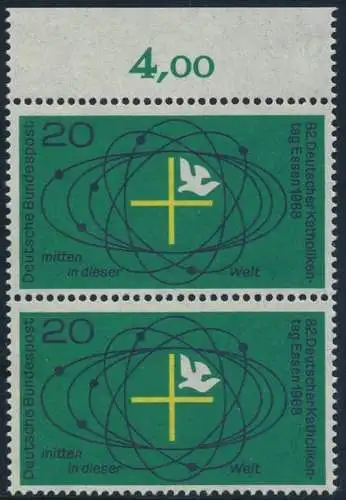 BUND 1968 Michel-Nummer 0568 postfrisch vert.PAAR RAND oben