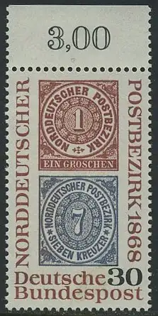 BUND 1968 Michel-Nummer 0569 postfrisch EINZELMARKE RAND oben (a)