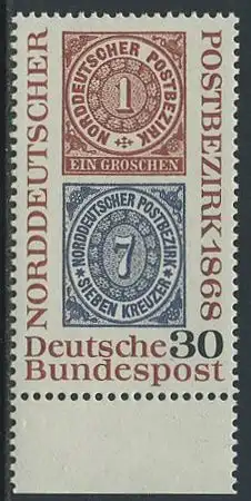 BUND 1968 Michel-Nummer 0569 postfrisch EINZELMARKE RAND unten