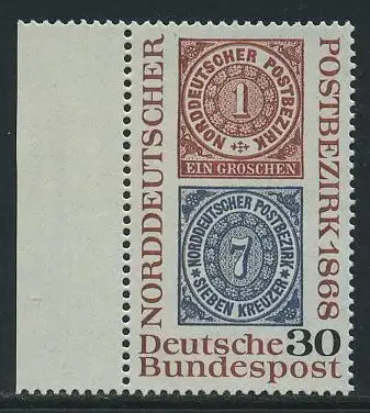 BUND 1968 Michel-Nummer 0569 postfrisch EINZELMARKE RAND links