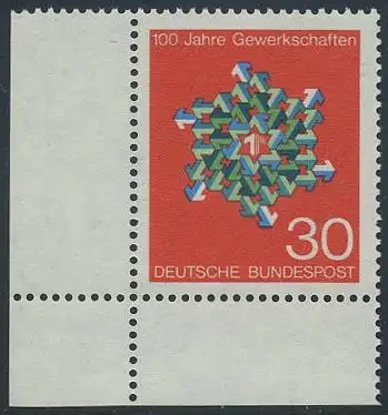 BUND 1968 Michel-Nummer 0570 postfrisch EINZELMARKE ECKRAND unten links