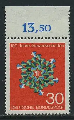 BUND 1968 Michel-Nummer 0570 postfrisch EINZELMARKE RAND oben (c)