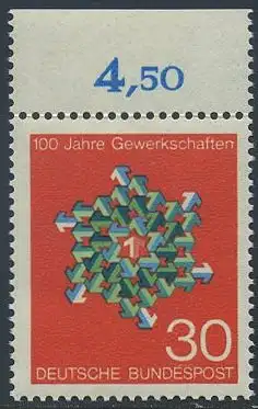 BUND 1968 Michel-Nummer 0570 postfrisch EINZELMARKE RAND oben (d)