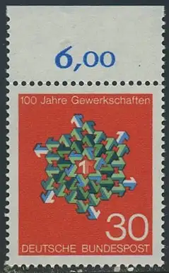 BUND 1968 Michel-Nummer 0570 postfrisch EINZELMARKE RAND oben (e)