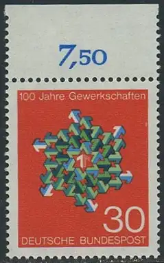BUND 1968 Michel-Nummer 0570 postfrisch EINZELMARKE RAND oben (a)