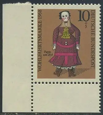 BUND 1968 Michel-Nummer 0571 postfrisch EINZELMARKE ECKRAND unten links