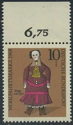BUND 1968 Michel-Nummer 0571 postfrisch EINZELMARKE RAND oben (k)