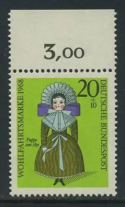 BUND 1968 Michel-Nummer 0572 postfrisch EINZELMARKE RAND oben