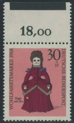 BUND 1968 Michel-Nummer 0573 postfrisch EINZELMARKE RAND oben