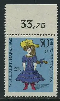 BUND 1968 Michel-Nummer 0574 postfrisch EINZELMARKE RAND oben