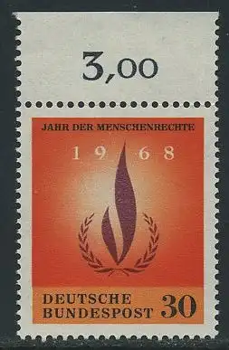 BUND 1968 Michel-Nummer 0575 postfrisch EINZELMARKE RAND oben (a)