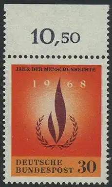 BUND 1968 Michel-Nummer 0575 postfrisch EINZELMARKE RAND oben (b)