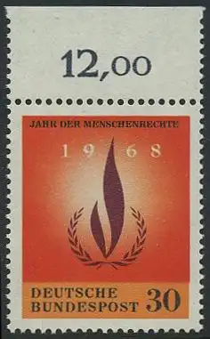 BUND 1968 Michel-Nummer 0575 postfrisch EINZELMARKE RAND oben (c)