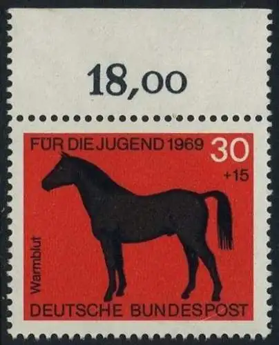 BUND 1969 Michel-Nummer 0580 postfrisch EINZELMARKE RAND oben