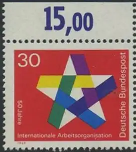 BUND 1969 Michel-Nummer 0582 postfrisch EINZELMARKE RAND oben