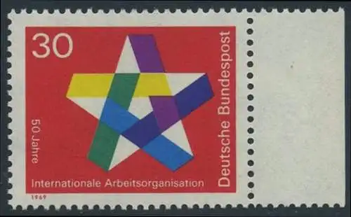 BUND 1969 Michel-Nummer 0582 postfrisch EINZELMARKE RAND rechts