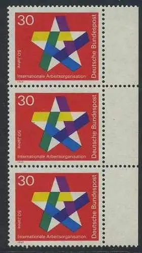 BUND 1969 Michel-Nummer 0582 postfrisch vert.STRIP(3) RAND rechts