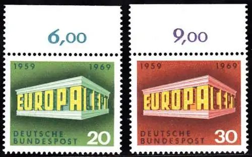 BUND 1969 Michel-Nummer 0583-0584 postfrisch SATZ(2) EINZELMARKEN RÄNDER oben