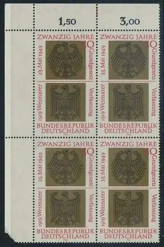 BUND 1969 Michel-Nummer 0585 postfrisch BLOCK ECKRAND oben links