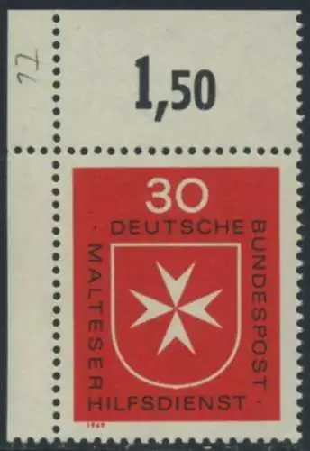 BUND 1969 Michel-Nummer 0600 postfrisch EINZELMARKE ECKRAND oben links