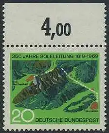 BUND 1969 Michel-Nummer 0602 postfrisch EINZELMARKE RAND oben