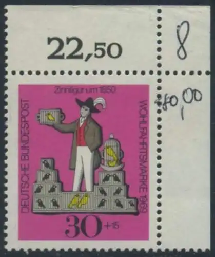 BUND 1969 Michel-Nummer 0606 postfrisch EINZELMARKE ECKRAND oben rechts (a)
