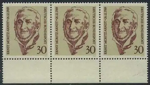 BUND 1969 Michel-Nummer 0611 postfrisch horiz.STRIP(3) RAND unten