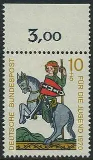 BUND 1970 Michel-Nummer 0612 postfrisch EINZELMARKE RAND oben (a)