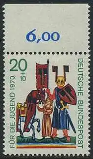 BUND 1970 Michel-Nummer 0613 postfrisch EINZELMARKE RAND oben