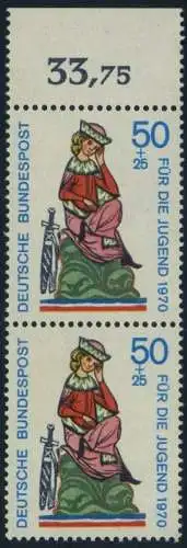 BUND 1970 Michel-Nummer 0615 postfrisch vert.PAAR RAND oben