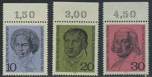 BUND 1970 Michel-Nummer 0616-0618 postfrisch SATZ(3) EINZELMARKEN RÄNDER oben (c)