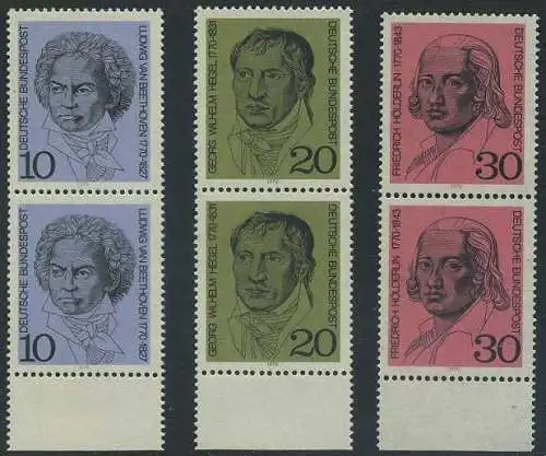 BUND 1970 Michel-Nummer 0616-0618 postfrisch SATZ(3) vert.PAARE RÄNDER unten