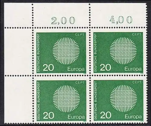 BUND 1970 Michel-Nummer 0620 postfrisch BLOCK ECKRAND oben links (a1)