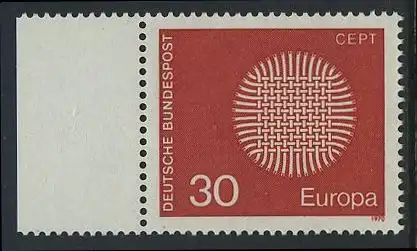 BUND 1970 Michel-Nummer 0621 postfrisch EINZELMARKE RAND links