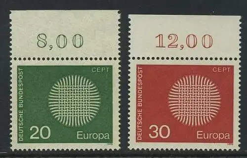 BUND 1970 Michel-Nummer 0620-0621 postfrisch SATZ(2) EINZELMARKEN RÄNDER oben