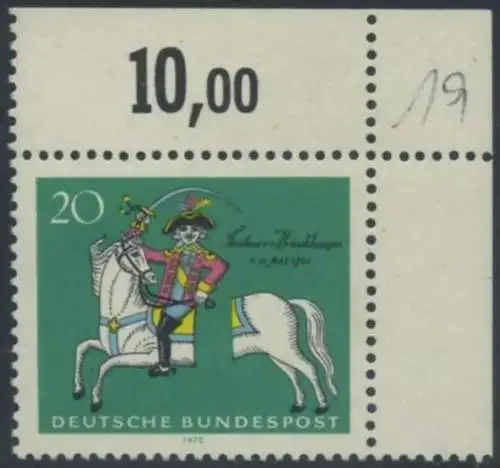 BUND 1970 Michel-Nummer 0623 postfrisch EINZELMARKE ECKRAND oben rechts