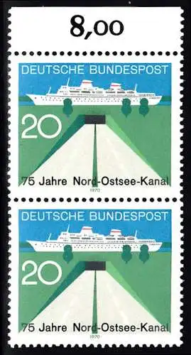 BUND 1970 Michel-Nummer 0628 postfrisch vert.PAAR RAND oben