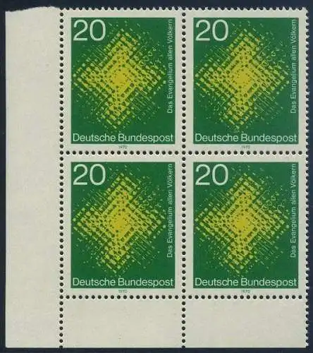 BUND 1970 Michel-Nummer 0647 postfrisch BLOCK ECKRAND unten links
