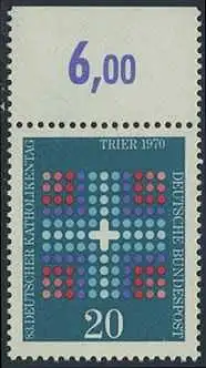 BUND 1970 Michel-Nummer 0648 postfrisch EINZELMARKE RAND oben (d)
